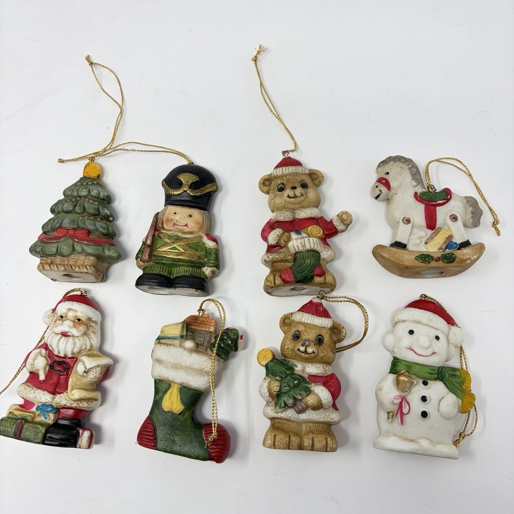 Vintage Ceramic Christmas Ornaments Set 8 Santa Teddy Snowman Stocking Horse Boy